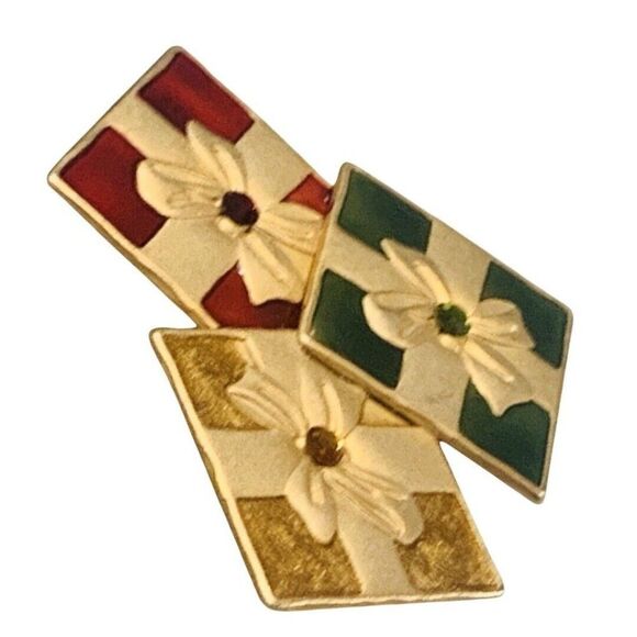 Vintage Christmas Presents Gift Brooch Pin 2.5" Icy Rhinestone Enamel Gold-tone - Picture 3 of 9